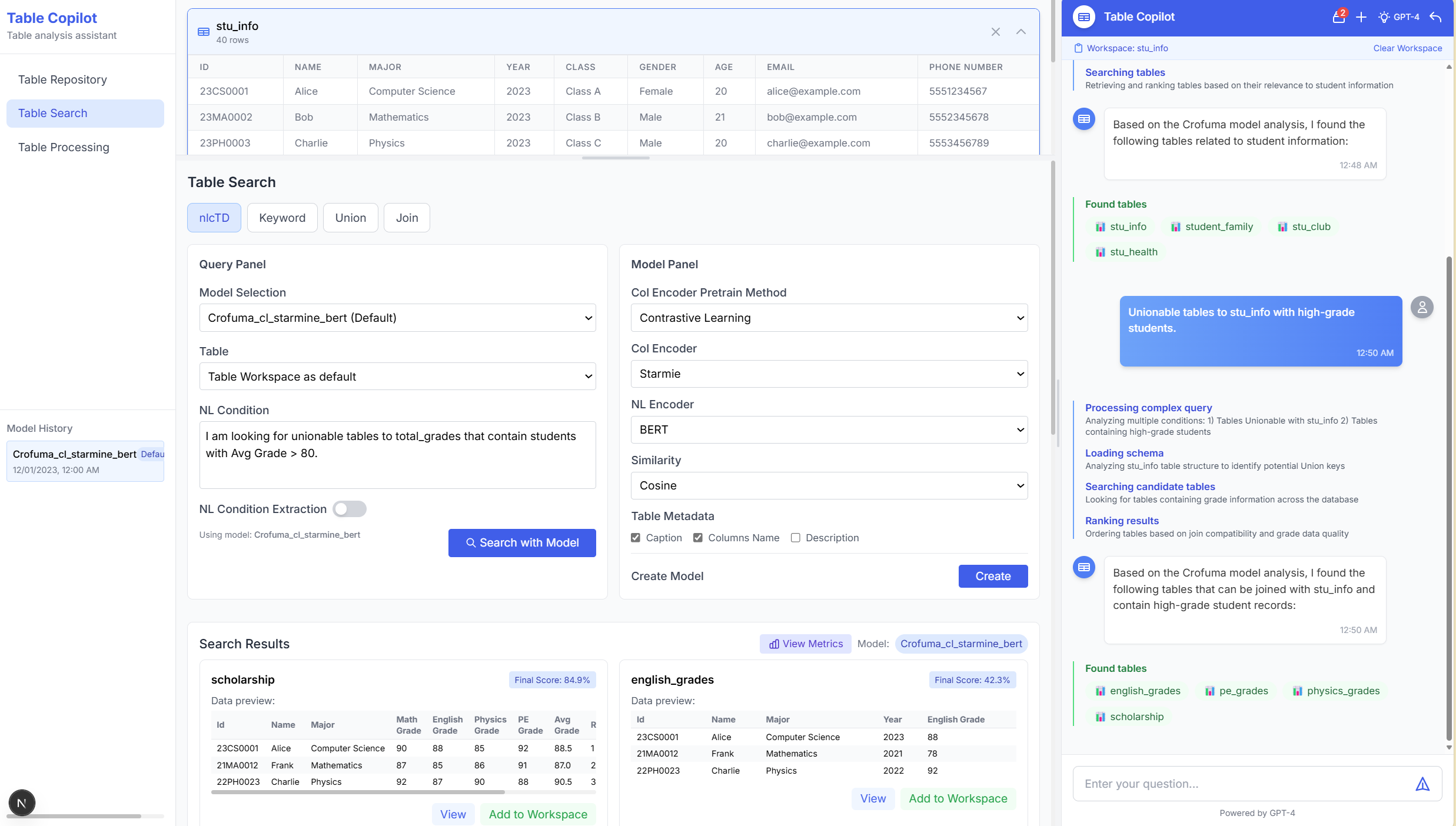 Table Copilot Interface